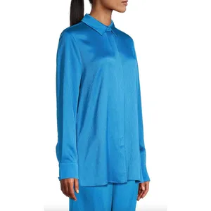Kobi Halperin Bella Ocean Blue Satin Oversized Button Down Shirt Size M thumbnail 5