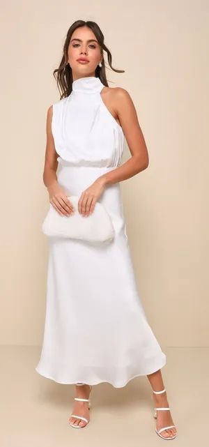 NWT Lulus Distinctive Charm White Satin Asymmetrical Midi Dress Wedding Size M thumbnail 1