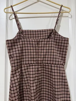 GB girls Brown Plaid Spaghetti-Strap Mini Dress with Subtle Cream Lines / AA43 thumbnail 5