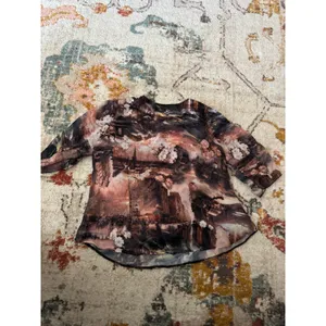 Vintage Sheer Landscape Floral Beaded Blouse Brown Earthy Art Print Top thumbnail 4