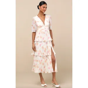 Lulus Jadia Ivory Floral Pleated Tiered Midi Dress Cocktail Party XL NWT thumbnail 4