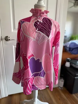 Women's Long Sleeve Pink Heart Theme High Ruffle Neck Blouse Size L #260864 thumbnail 9