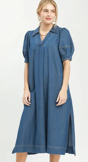 Umgee Chambray‎ Collared Puff Sleeve Dress - Denim - Small thumbnail 1