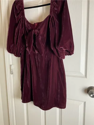 ASOS Velvet Tie-Front Puff Sleeve Mini Dress Plum Burgundy Size 12 thumbnail 3