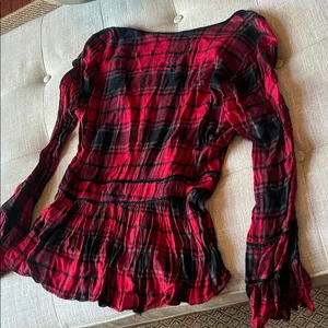Thread & Supply Red Black Plaid Peplum LS Blouse Size Small thumbnail 8