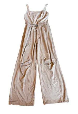 Outfeel Square Neck Tan Stretch Jumpsuit Full Length Wide Leg Flowy Size Medium thumbnail 1