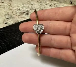 Monet Gold Tone Skinny Bangle Bracelet 7 3/4 Inch Silver Tone Rhinestone Heart thumbnail 1
