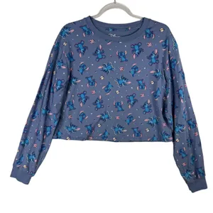Disney Stitch Graphic Crop Top Long Sleeve Shirt‎ All Over Print L Space Planets thumbnail 1