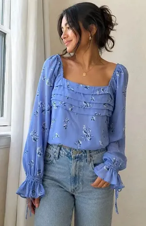 Abercrombie & Fitch Floral Ruffle Blouse M Blue Square Neck Coquette thumbnail 1