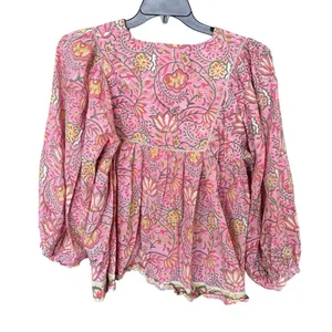 Sur La Vague 100% Cotton Pink Green Floral Blouse Size One Size thumbnail 4