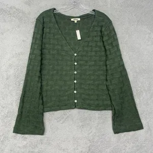 Madwell Sweater‎ Women XL Green Basket Weave Stitch Bell Sleeve Tee NU769 thumbnail 2
