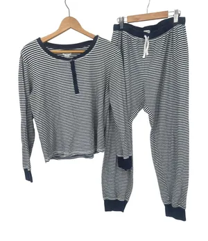 Splendid Pajama Set Women Medium Navy White Striped Henley Thermal Loungewear thumbnail 1
