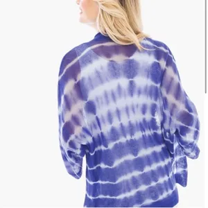 Chico’s Farida Tie Dye Linen Open Mesh Knit Cardigan Womens M Blue Coastal Boho thumbnail 6