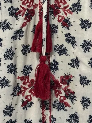 Boho Embroidered Tie-Front Peasant Top M 22” p2p White/Red & Navy Floral EU thumbnail 5