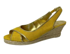 Talbots Lyndsay Yellow Canvas Peep Toe Sling‎ Back Espadrille Wedge Size 9.5 thumbnail 1