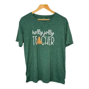 Holly Jolly Teacher Graphic T-Shirt Womens Large Green‎ Christmas Tee Leopard thumbnail 2