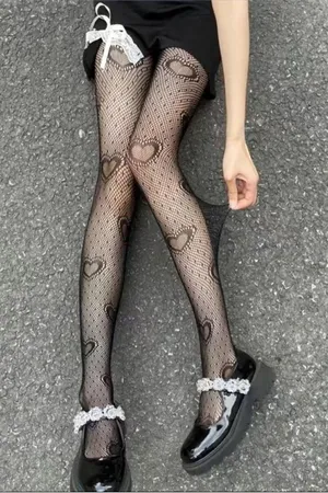 Heart Print Mesh Tights Black Sexy Cut Out High Waist Fishnet Pantyhose One Size thumbnail 5