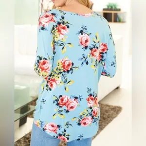 White Birch Medium Dusty‎ Blue Floral Print Long Sleeve Twist Front Top NWOT thumbnail 3