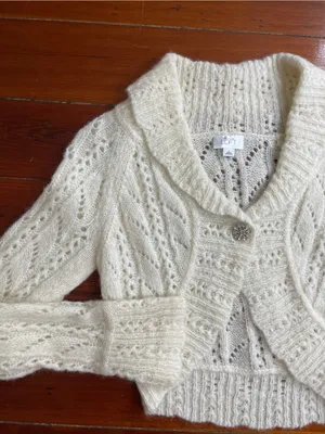 Rare Vintage Y2K Mohair & Wool LOFT Pointelle Crop Bolero Cardigan Sz L 💛🎀 thumbnail 7