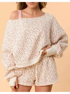 Blogilates Bride To Be Floral Off Shoulder Sweatshirt Medium Ivory Pink Cozy thumbnail 1