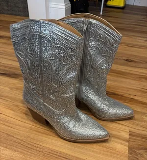 Crown Vintage Silver Rhinestone Western Heeled Boots thumbnail 1