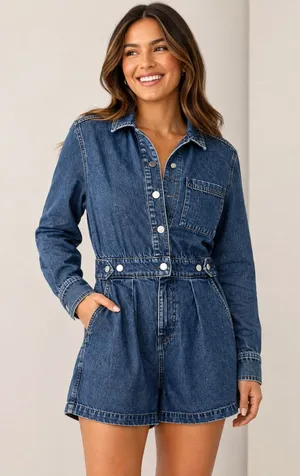 Universal Thread Women’s Denim Utility Romper Long Sleeve Button Front Blue thumbnail 1