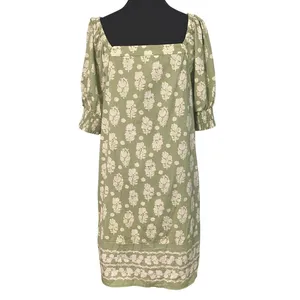 Crown &‎ Ivy Green Ivory Floral Cotton Dress Square Neck Puff Sleeve Med Resort thumbnail 2