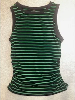 Emery Rose Womens Large Green Navy Striped Ribbed Ruched Sleeveless Tank Top thumbnail 1