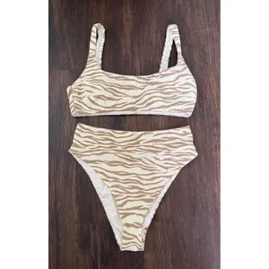 Aerie Womens Pique Animal Print Bikini Set High Waisted Scoop Neck Cheeky SZ M/L thumbnail 3
