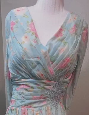 Boutique #3-15 Aqua floral  drape back dress. thumbnail 6