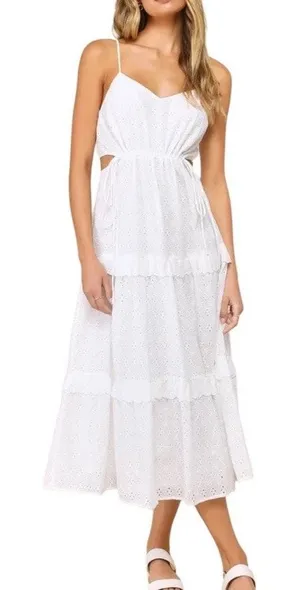 Lulus Summertime Babe White Eyelet Midi Dress NWT Medium thumbnail 1