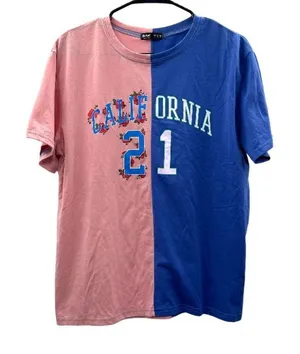 Romwe Pink & Blue Divided Colorblock California 21 Graphic Short‎ Sleeve Shirt S thumbnail 1