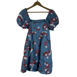Let Me Be Anthropologie Laurel Floral Embroidered Mini Dress Blue Puff Sleeve XS thumbnail 6