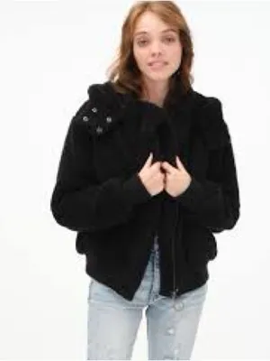 Aeropostale Black Faux Fur Sherpa Bomber Jacket Hooded Cozy Size Small thumbnail 2