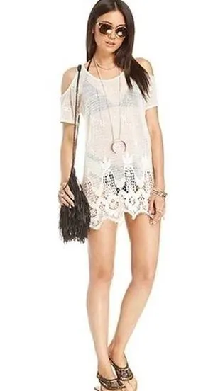 LOVERS + FRIENDS WEEKEND TUNIC cream natural cold shoulder unlined size large thumbnail 1