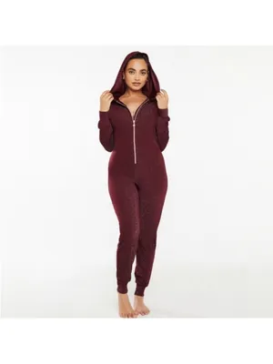 Savage X Fenty Sleep & Shine Hooded Jumpsuit Size Medium Burgundy Glitter‎ thumbnail 3
