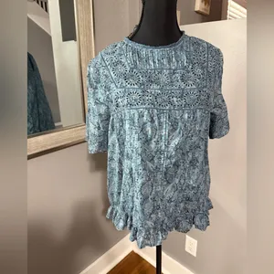 Frye Boho Peasant Eyelet Ruffle Trim Blue Top Size Large. thumbnail 2
