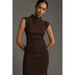 NWT!! ANTHROPOLOGIE Maya Ruched Cowl Neck Textured Midi Dress Chocolate Large thumbnail 4