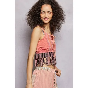 POL Lace-Up Fringe Hem Tank with Lace Detail - Pink - Medium thumbnail 3