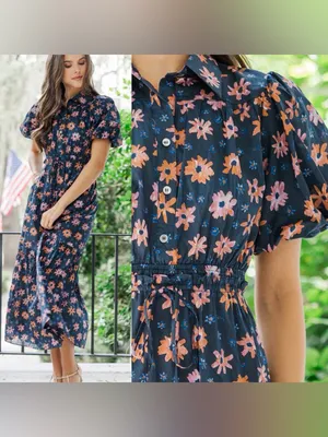 Pinch Looking Your Way Navy Blue Floral Cotton Midi Dress thumbnail 3