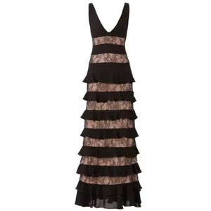 ML Monique Lhuillier Black Lace Panel Tiered sleeveless Formal Gown Dress 10 thumbnail 4