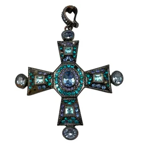 Vintage Cross Pendant W/ Blue & Turquoise Stones Antique Silver-Tone Finish A432 thumbnail 4