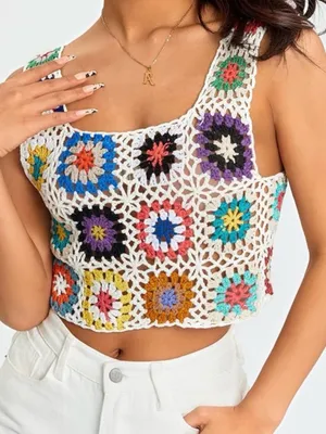 Bohemian Crochet Square Tank Top - Multi/White thumbnail 1