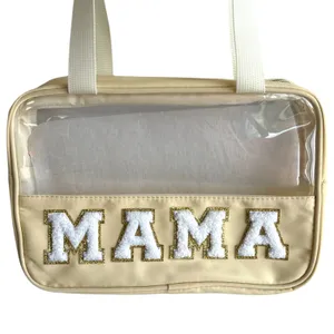 Preppy Clear MAMA Makeup Bag Large Travel Cosmetic Tote Chenille Patch NEW thumbnail 2
