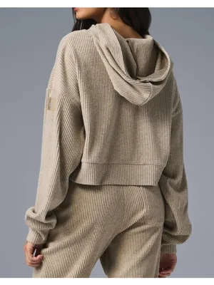 Alo Muse Hoodie Gravel Heather Tan Ribbed Stretchy Sweatshirt Sweater Pullover L thumbnail 2