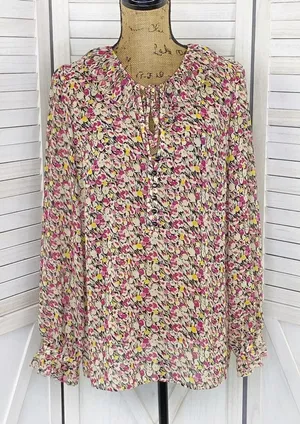 Loft Ann Taylor Ruffle Trim Tie Neck Floral‎ Chiffon Blouse Large Beige Pink thumbnail 1