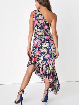 Lulus Divinely Blooming‎ Blue Multi Floral One-Shoulder Midi Dress Medium thumbnail 4