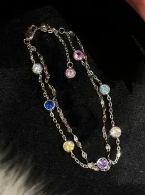 Rainbow Color Stone Double Chain Bracelet in Solid Copper Silver thumbnail 1