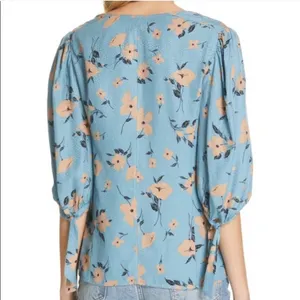Rebecca Taylor Daniella Floral Blouse Dot Pattern Blue V-Neck Top Tie Cuff Women thumbnail 2
