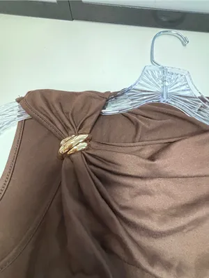 SHEIN Brown Asymmetrical Cold Shoulder Gold Ring Detail Top Plus OXL NWOT Chic thumbnail 7